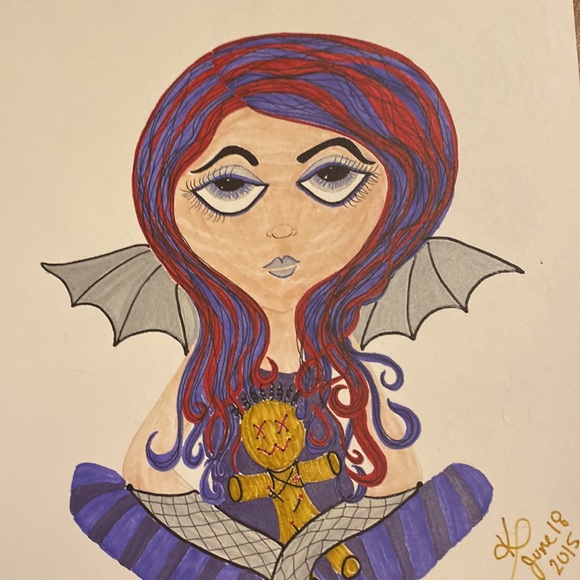 Unframed Original Art Batwinged Goth Girl w Voodoo Doll Cartoon Portrait - Picture 3 of 3